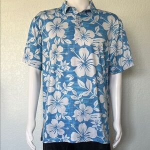 Yatta Golf Men’s XL Hawaiian Floral Print Polo Shirt Blue White Vacation Resort